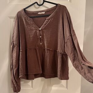 Lucky Brand Brown Button-Down Peplum Blouse